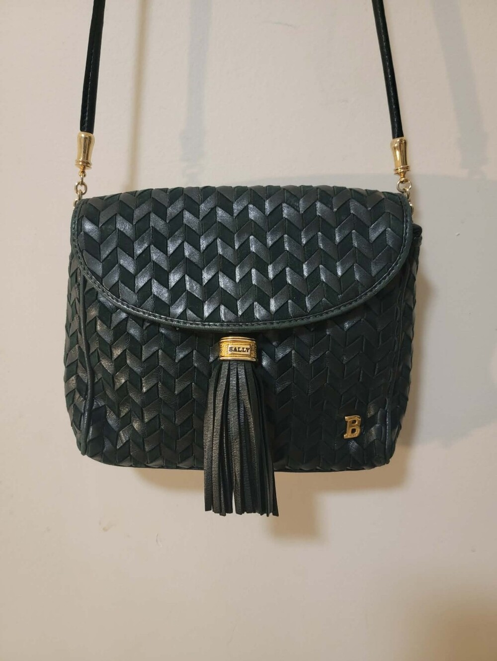 Bally Green Woven Leather Crossbody with Tassel Accent